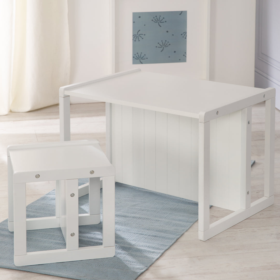 Sitzgruppe im Landhausstil für Kinder, 2 Hocker & eine zum Tisch umwandelbarer Kinderbank, weiß