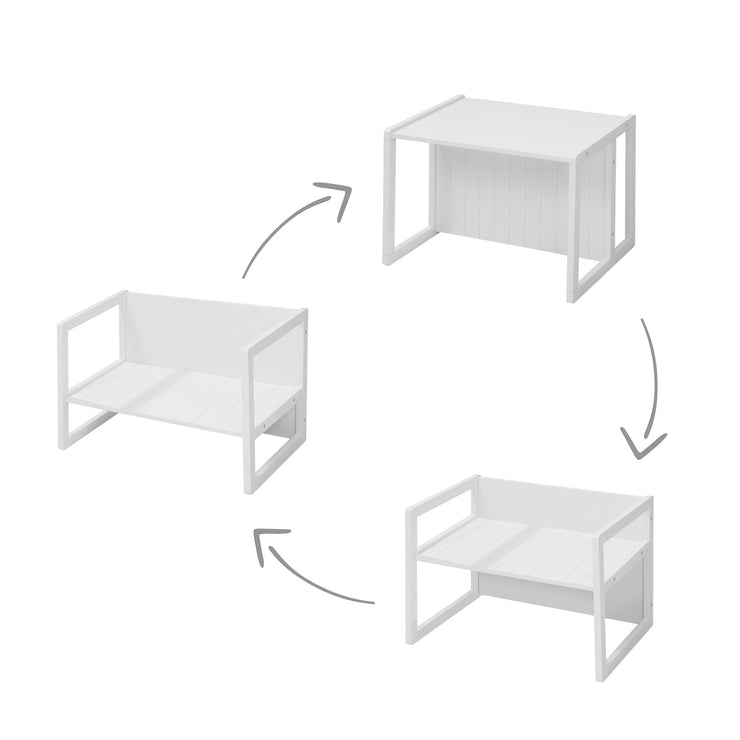 Country-style seating group for children, 2 stools & a children's bench convertible to the table, white