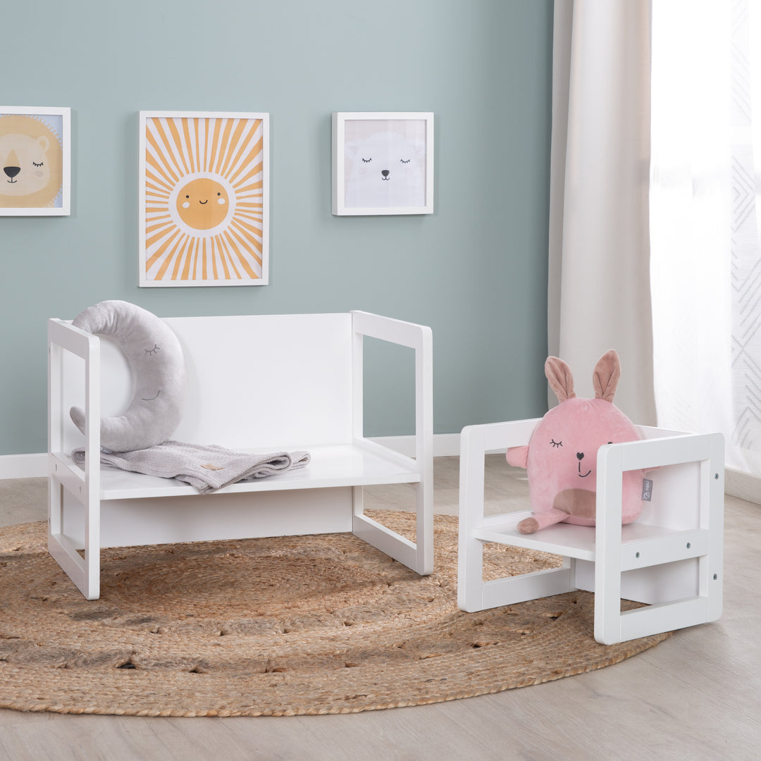 Ensemble de chaises pour enfants 3en1 - Tabouret réversible + table - Transformable - Blanc