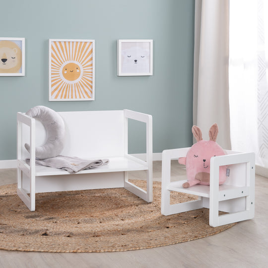 Ensemble de chaises pour enfants 3en1 - Tabouret réversible + table - Transformable - Blanc