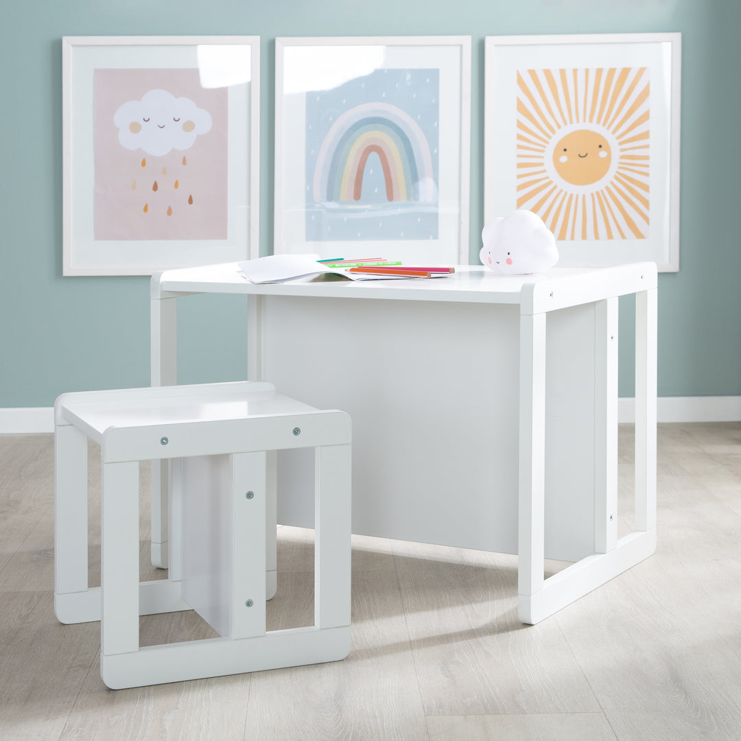 Bureau Enfant Roba Avec Chaise Et Rangement – Pupitre École MDF Blanc, Plateau Rabattable Amortie