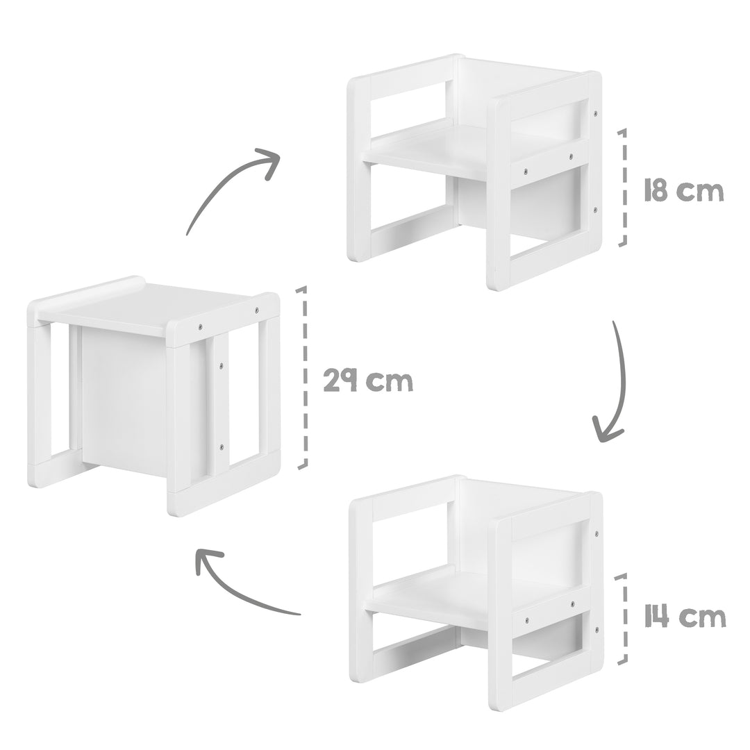 Ensemble de chaises pour enfants 3en1 - Tabouret réversible + table - Transformable - Blanc