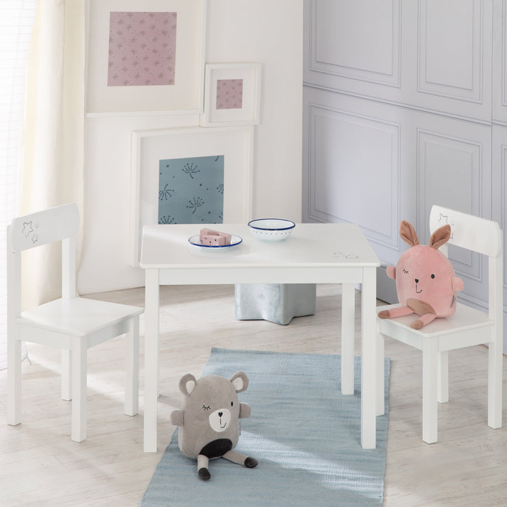 Kindersitzgruppe 'Little Stars', 2 Kinderstühle & 1 Tisch, Holz, weiß lackiert, mit Sternen