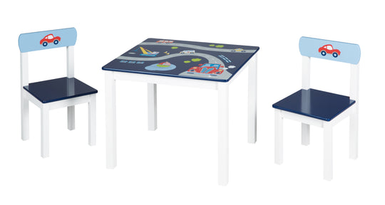 Dinette 'Rennfahrer', 2 chaises et 1 table pour enfants, avec motifs de véhicules en bleu