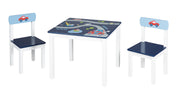 Children's seating group 'Rennfahrer', 2 children's chairs & 1 table, with vehicle motifs in blue