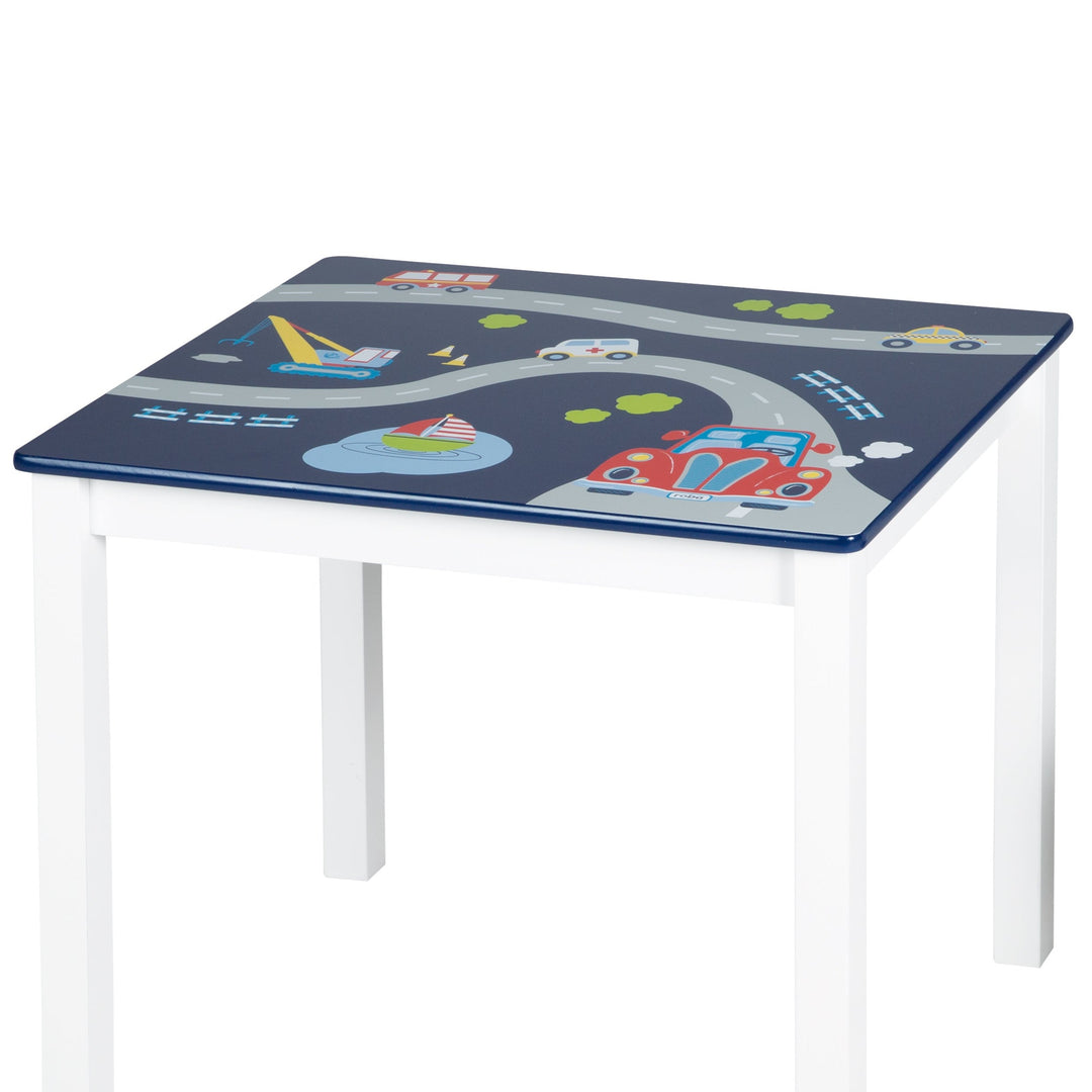 Dinette 'Rennfahrer', 2 chaises et 1 table pour enfants, avec motifs de véhicules en bleu