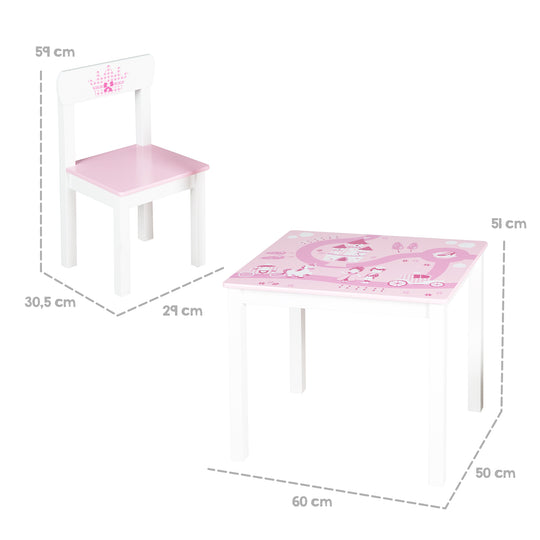Dinette pour enfant 'Krone', 2 chaises et 1 table pour enfant, avec princesse / château / licorne, rose