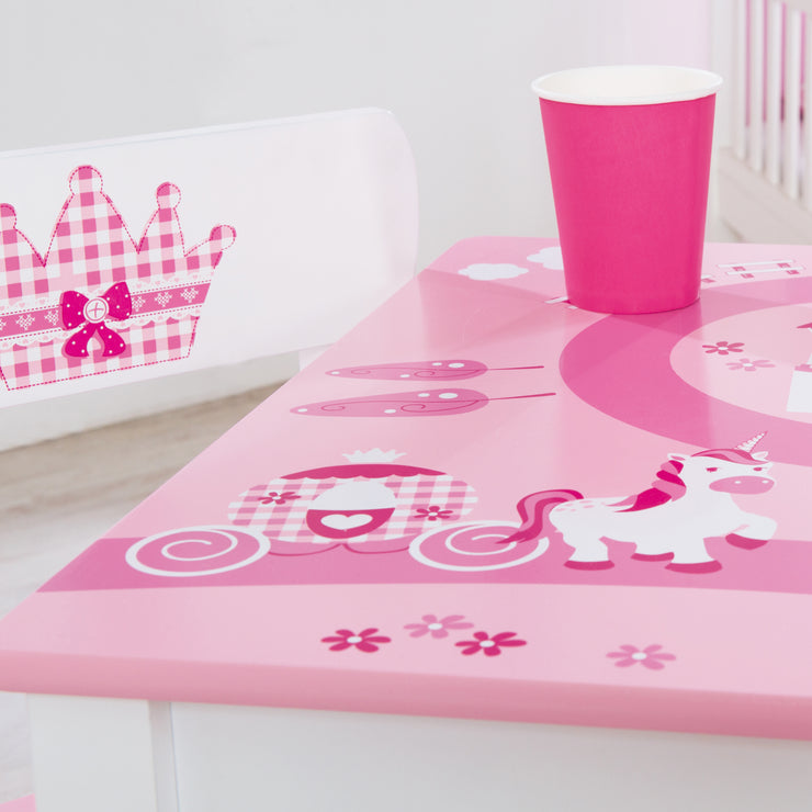 Children's seating group 'Krone', 2 children's chairs & 1 table, with princess / castle / unicorn, pink