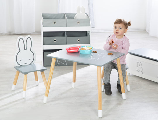 Dinette pour enfant 'miffy®', 2 chaises et 1 table pour enfant, bois, gris foncé / blanc laqué