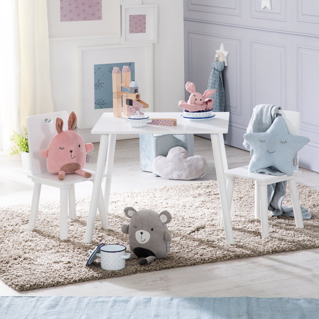 Ensemble de sièges, set composé de 2 chaises et un table pour enfant, en bois, blanc laqué