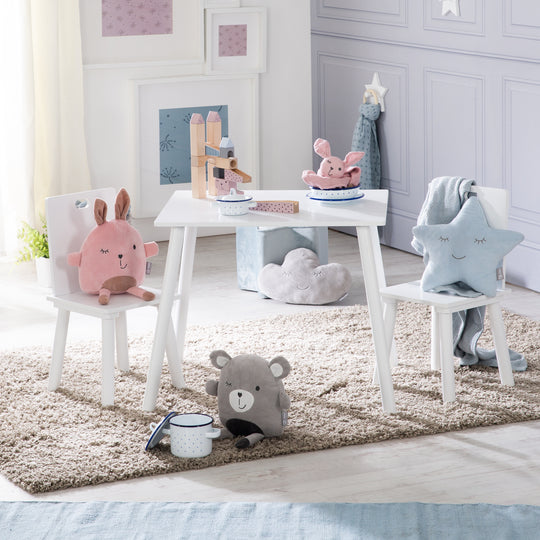 Ensemble de sièges, set composé de 2 chaises et un table pour enfant, en bois, blanc laqué