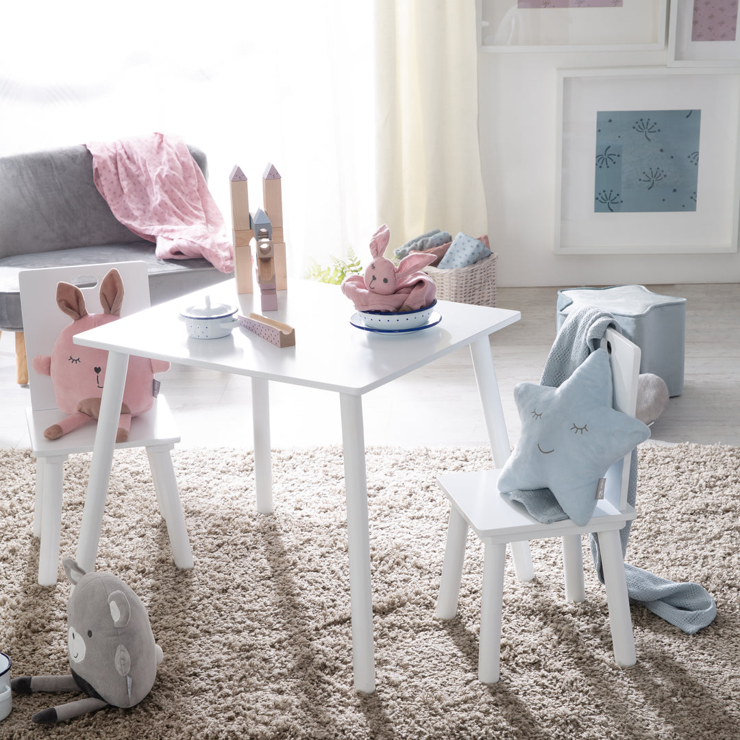 Ensemble de sièges, set composé de 2 chaises et un table pour enfant, en bois, blanc laqué