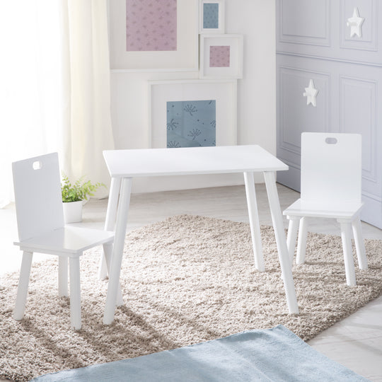 Ensemble de sièges, set composé de 2 chaises et un table pour enfant, en bois, blanc laqué