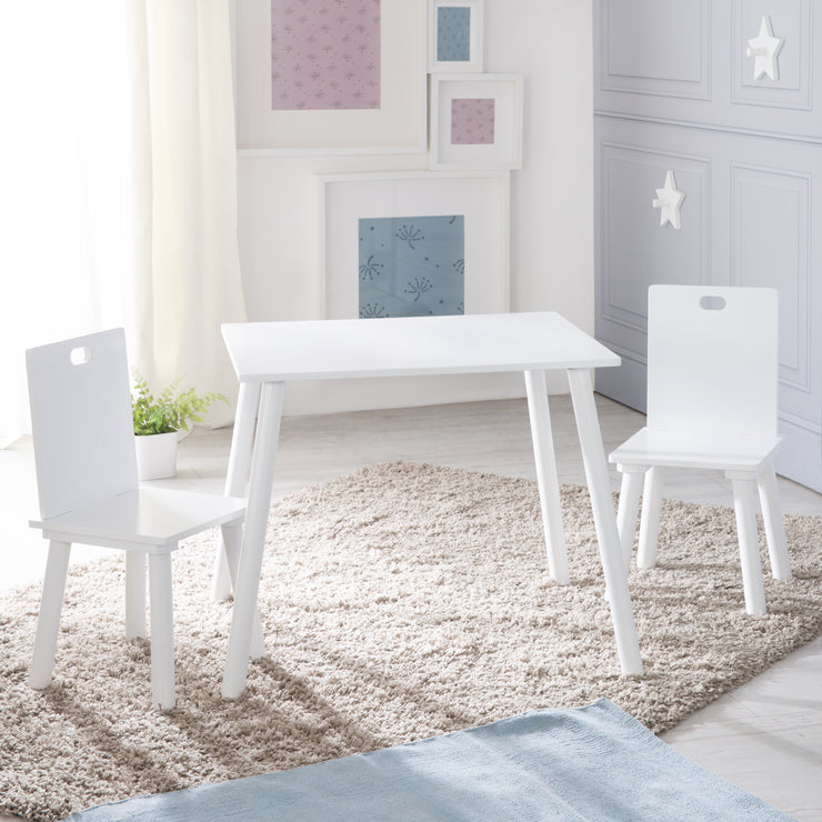 Ensemble de sièges, Set composé de 2 chaises et un table pour enfant, en bois, blanc laqué