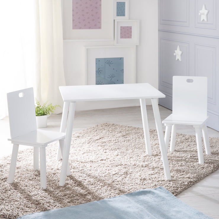 Kindersitzgruppe, Kindermöbel Set aus 2 Kinderstühlen & 1 Tisch, Sitzgarnitur Holz, weiß lackiert.