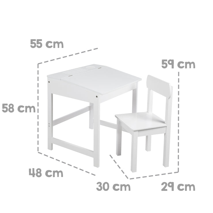 Schulpult mit Stuhl, hochklappbarer Tischplatte mit Dämpfungsbeschlägen, gefräste Ablagerillen