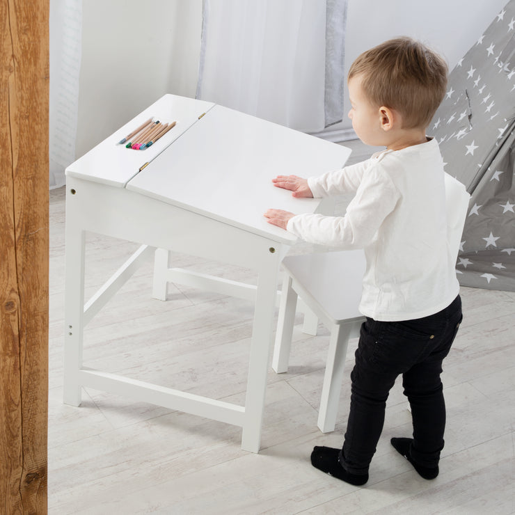 Pupitre con silla, tablero plegable con amortiguadores, ranuras de almacenamiento fresadas