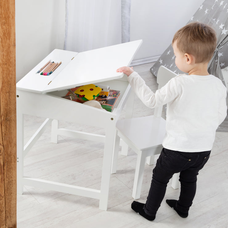 Pupitre con silla, tablero plegable con amortiguadores, ranuras de almacenamiento fresadas