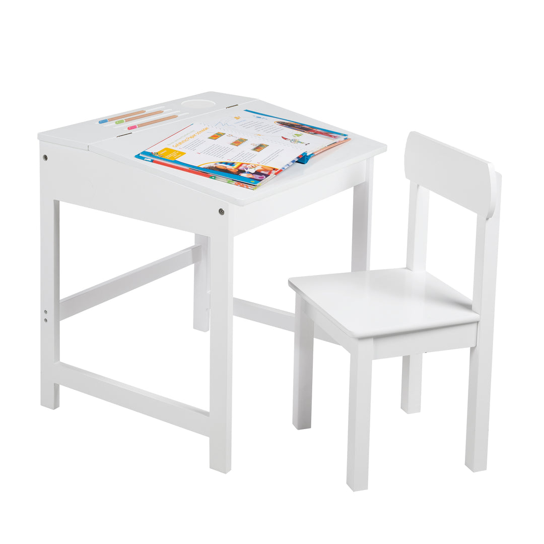 Bureau d'école avec chaise, tablette pliable avec amortisseurs, rainures de rangement fraisées