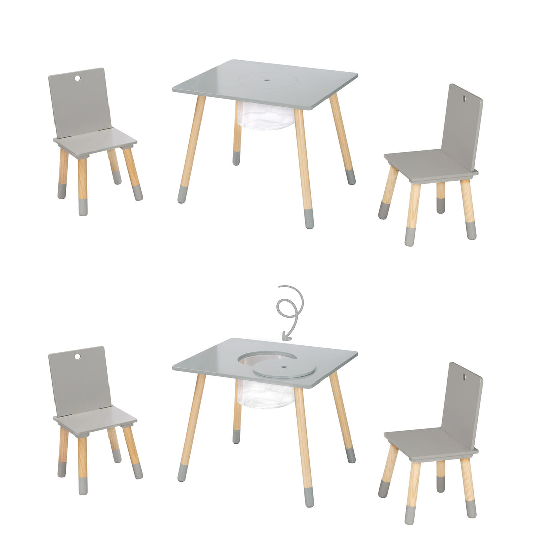 Ensemble de chaises et table pour enfants, bois laqué gris, filet de rangement inclus