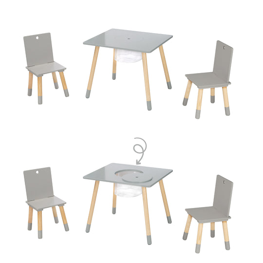 Ensemble de chaises et table pour enfants, bois laqué gris, filet de rangement inclus