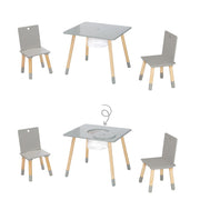 Kindersitzgruppe, Set aus Stühlen und Tisch, Holz grau lackiert, inkl. Aufbewahrungsnetz