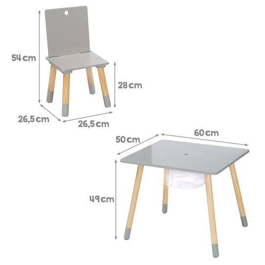 Ensemble de chaises et table pour enfants, bois laqué gris, filet de rangement inclus