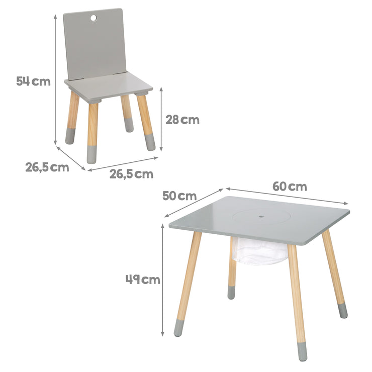 Kindersitzgruppe, Set aus Stühlen und Tisch, Holz grau lackiert, inkl. Aufbewahrungsnetz