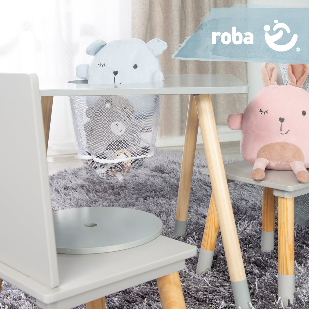 Ensemble de chaises et table pour enfants, bois laqué gris, filet de rangement inclus