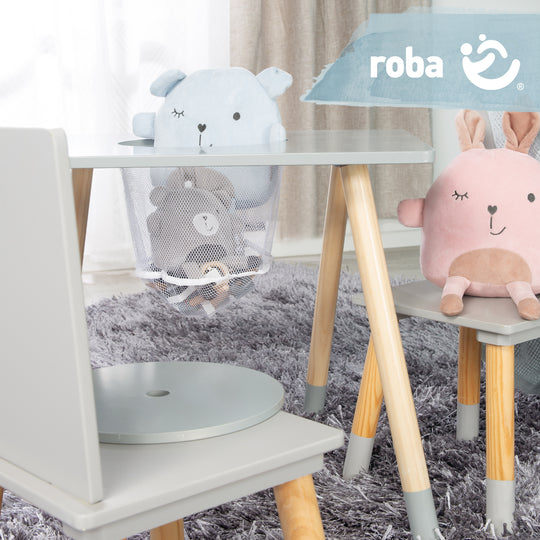Ensemble de chaises et table pour enfants, bois laqué gris, filet de rangement inclus