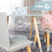 Kindersitzgruppe, Set aus Stühlen und Tisch, Holz grau lackiert, inkl. Aufbewahrungsnetz