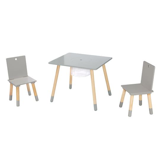 Ensemble de chaises et table pour enfants, bois laqué gris, filet de rangement inclus