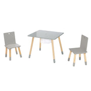 Kindersitzgruppe, Set aus Stühlen und Tisch, Holz grau lackiert, inkl. Aufbewahrungsnetz