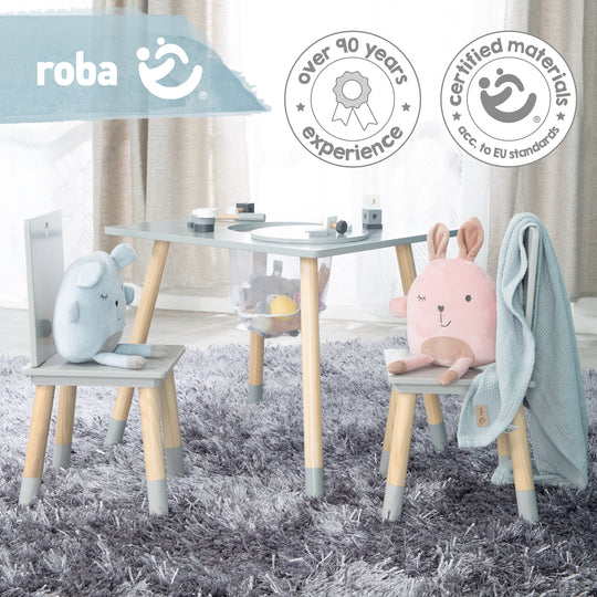 Ensemble de chaises et table pour enfants, bois laqué gris, filet de rangement inclus