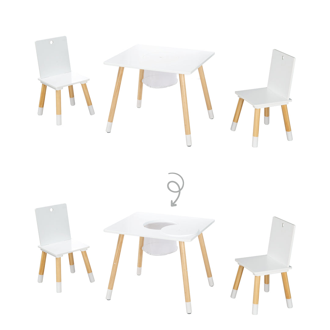 Ensemble de chaises et table pour enfants, bois laqué blanc, filet de rangement inclus