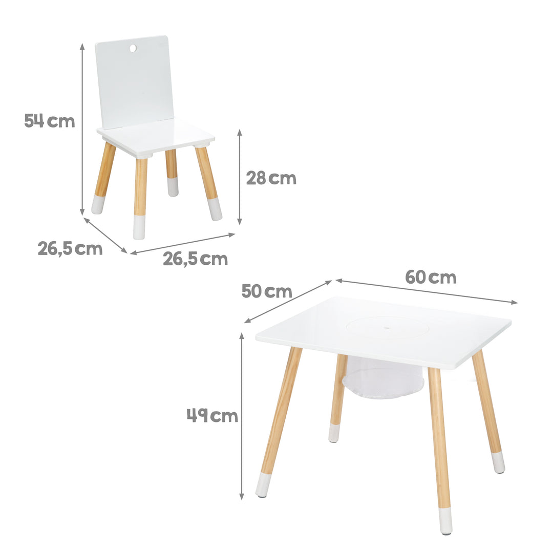Ensemble de chaises et table pour enfants, bois laqué blanc, filet de rangement inclus