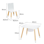 Asiento para niños, conjunto hecho de sillas y mesa, madera pintada de blanco, incluida la red de almacenamiento