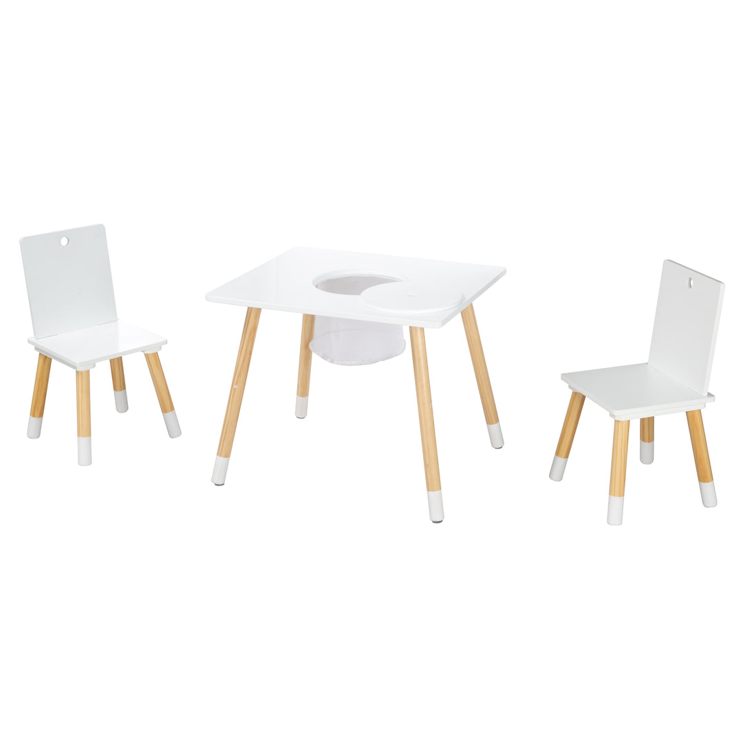 Ensemble de chaises et table pour enfants, bois laqué blanc, filet de rangement inclus