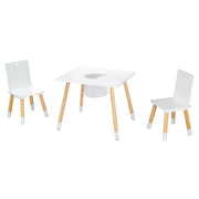 Asiento para niños, conjunto hecho de sillas y mesa, madera pintada de blanco, incluida la red de almacenamiento