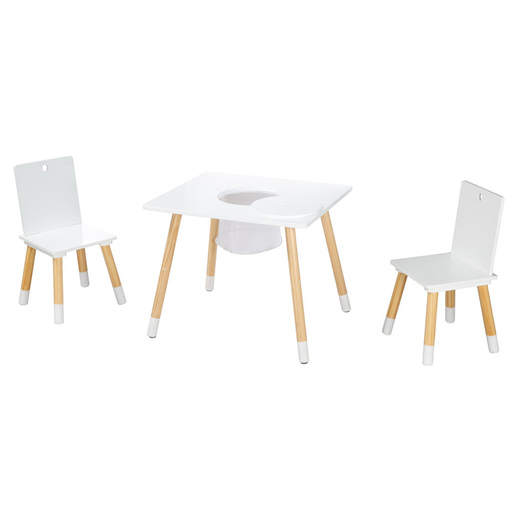 Asiento para niños, conjunto hecho de sillas y mesa, madera pintada de blanco, incluida la red de almacenamiento