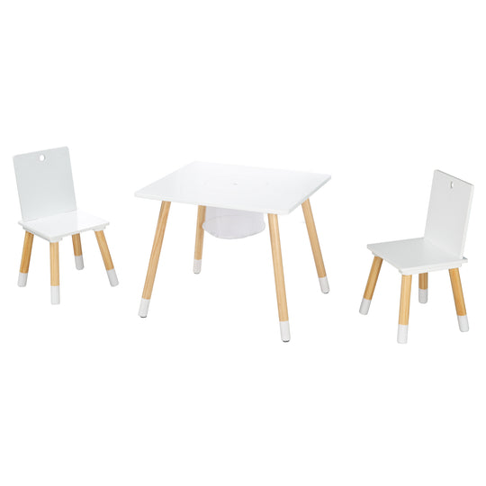 Ensemble de chaises et table pour enfants, bois laqué blanc, filet de rangement inclus