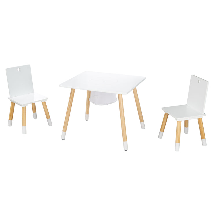 Ensemble de sièges pour enfants (chaises et table) - bois laqué blanc, avec filet de rangement