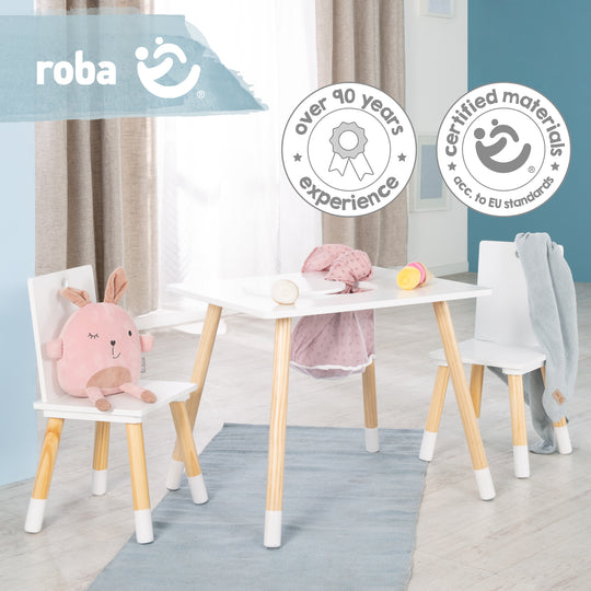 Ensemble de chaises et table pour enfants, bois laqué blanc, filet de rangement inclus
