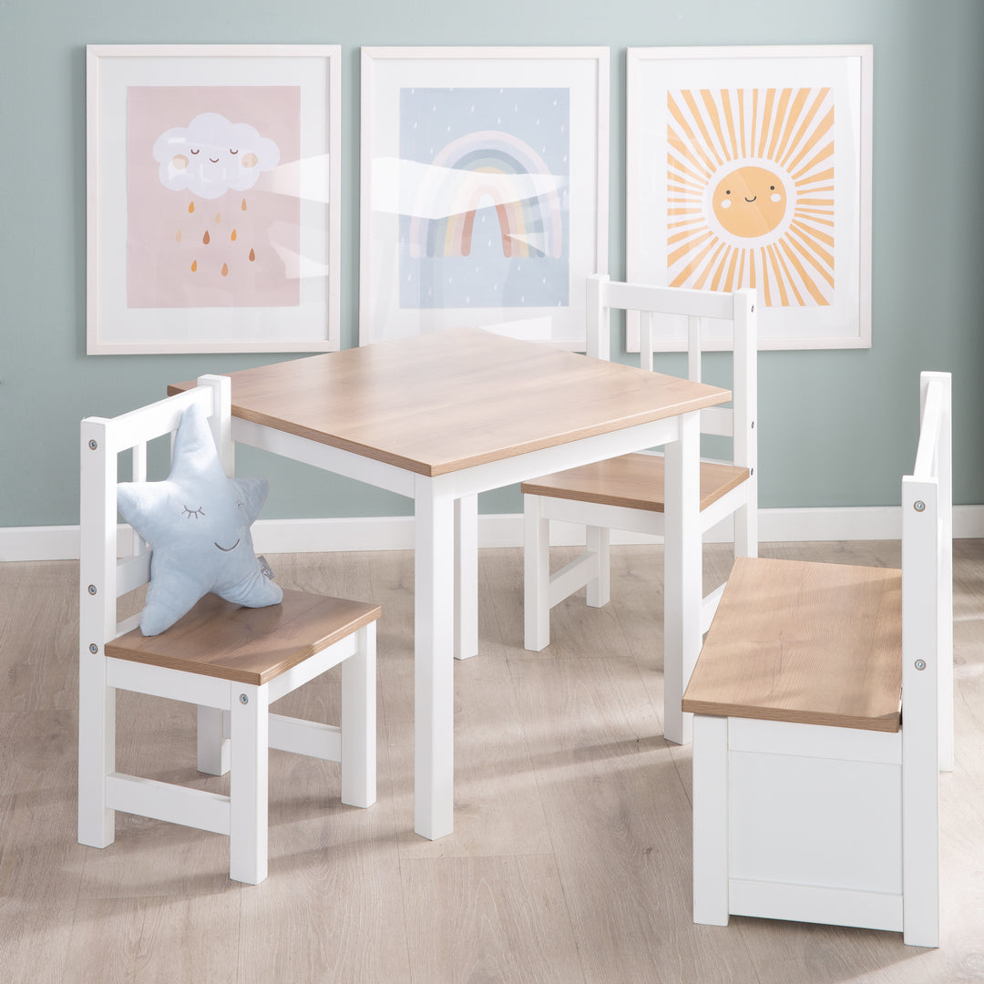 Ensemble de sièges 'Woody' - 2 chaises + table - Laqué blanc - Décor bois