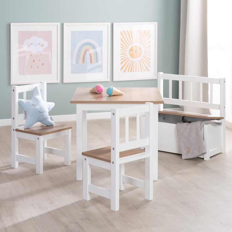 Kindersitzgruppe \'Woody\' - Stühle – 2 & 1 roba Tisch - Holzde lackiert - Weiß