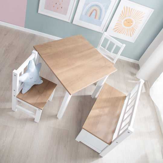 Ensemble de sièges 'Woody' - 2 chaises + table - Laqué blanc - Décor bois