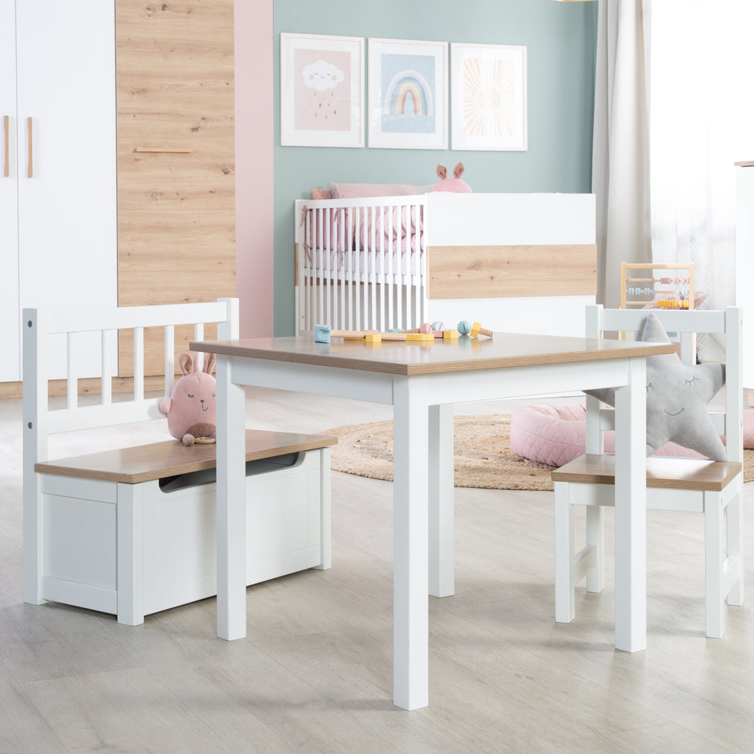 Ensemble de sièges 'Woody' - 2 chaises + table - Laqué blanc - Décor bois