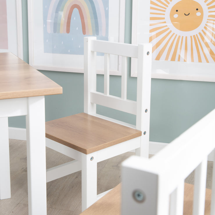 Ensemble de sièges pour enfants "Woody" - 2 Chaises & 1 Table - Laqué blanc - Décor bois