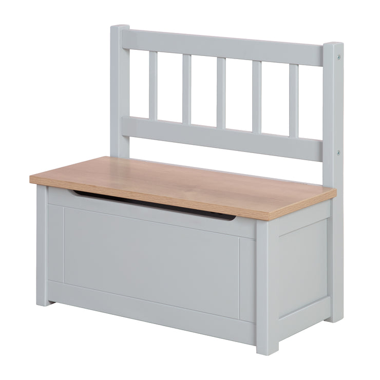 Banc et coffre pour enfants "Woody" - Coffre à jouets en bois naturel/gris - Frein de couvercle inclus