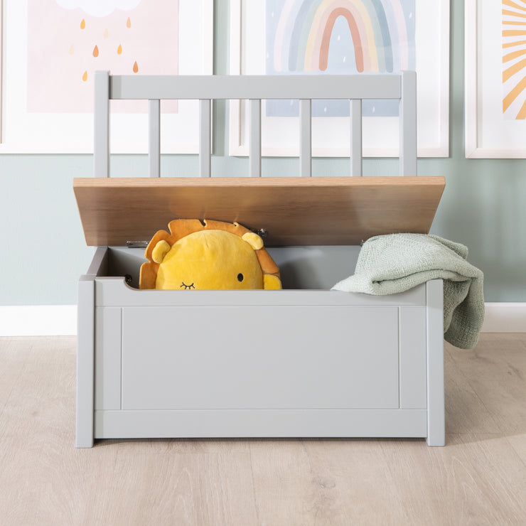 Banc et coffre pour enfants "Woody" - Coffre à jouets en bois naturel/gris - Frein de couvercle inclus